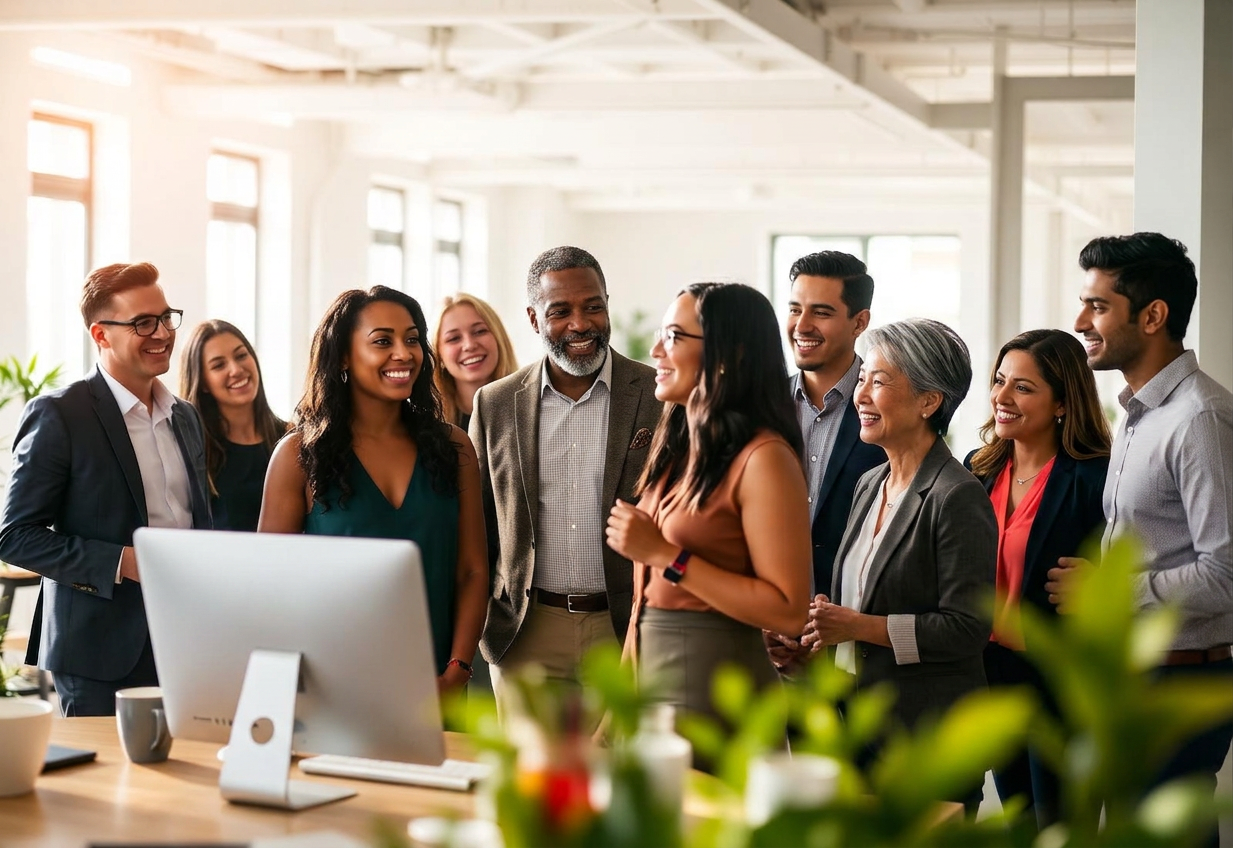 A diverse team of professionals collaborating in a sunlit office